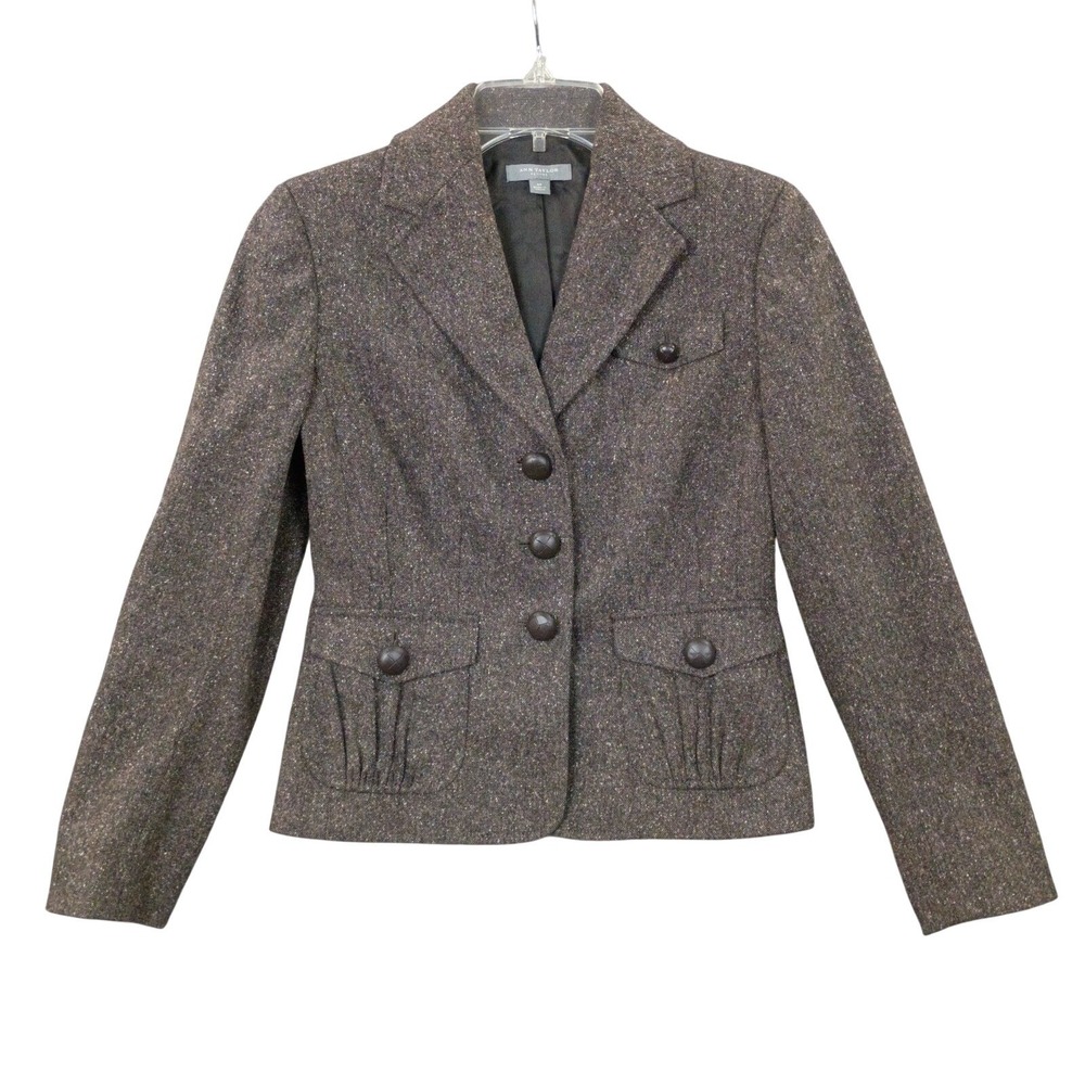 Ann Taylor Womens 0P Tweed Blazer Jacket Wool Blend Suede Elbow Patches Brown